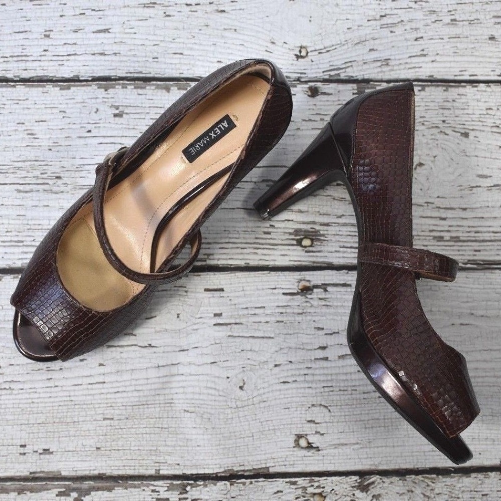 Alex Marie Peep Toe Brown Alligator Heels